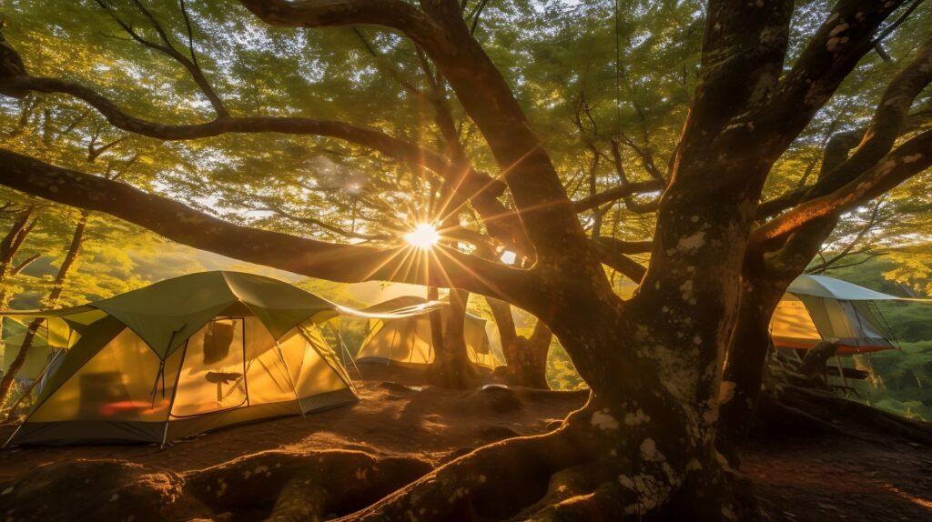 Camping und Sonnenaufgang