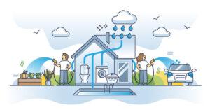 Regenwassernutzung als Regenwassersammlung und -speicherung Übersichtsgrafik. Drain-System mit Rohren für Wäsche, Toilette und Garten Nutzung Vektor-Illustration. Ökologische Lösung, um Ressourcen zu sparen.