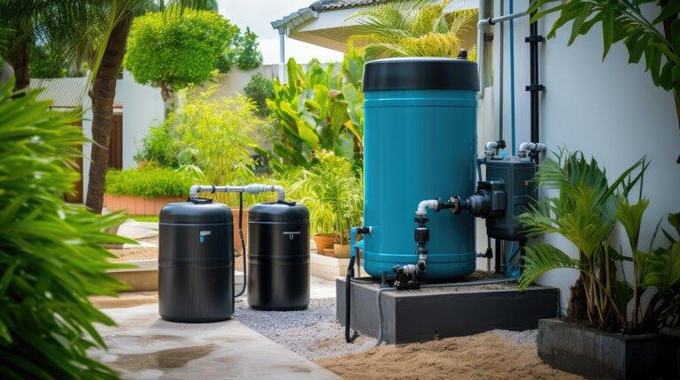 Ein Regenwassersammelsystem mit einem Wassertank und einer Filtrationsanlage.