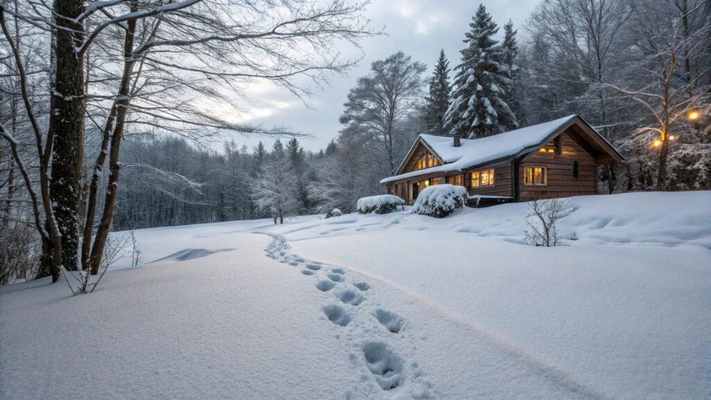 Winterliches Ferienhaus im Bayerischen Wald mit schneebedeckter Landschaft.