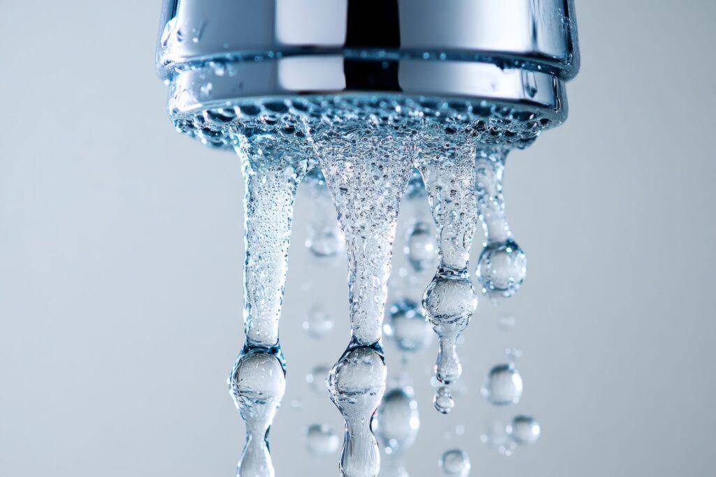 Nahaufnahme von frischem, sprudelndem Wasser, das aus einem modernen Wasserhahn läuft – Symbol für sauberes Trinkwasser durch Wasserfilteranlage