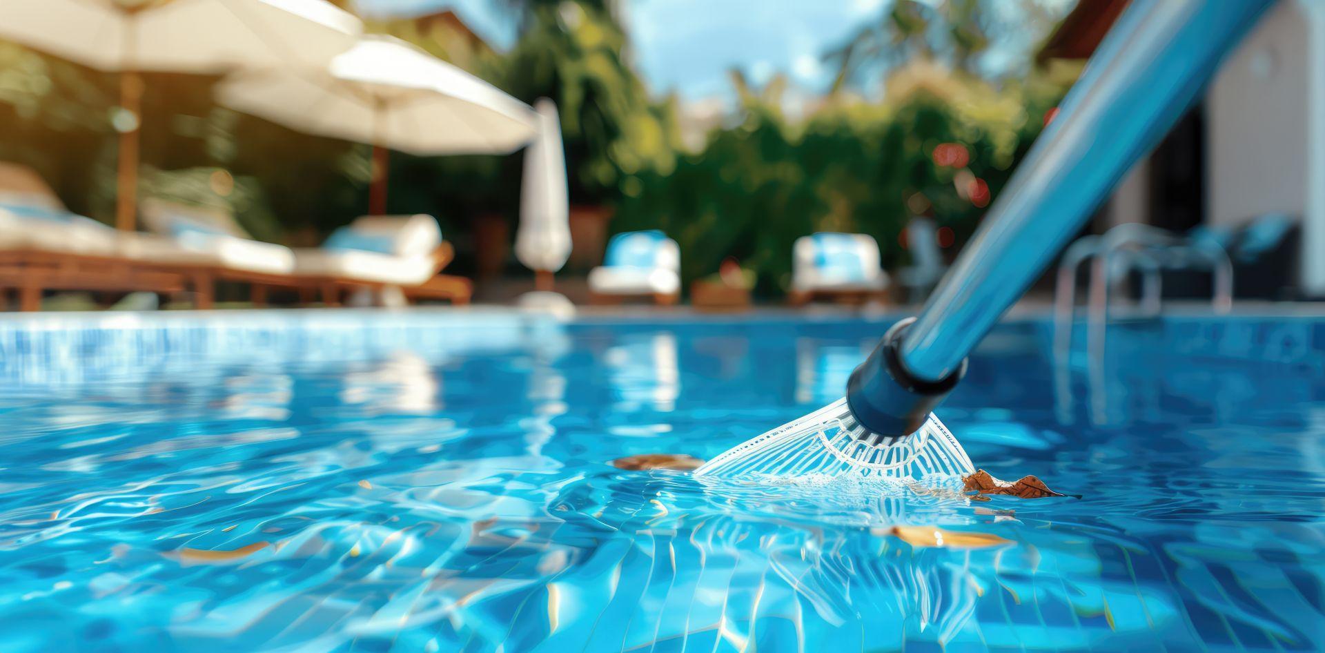Blauer Pool mit Kescher zur Reinigung – Pflege eines ovalen Stahlwandpools im Aussenbereich