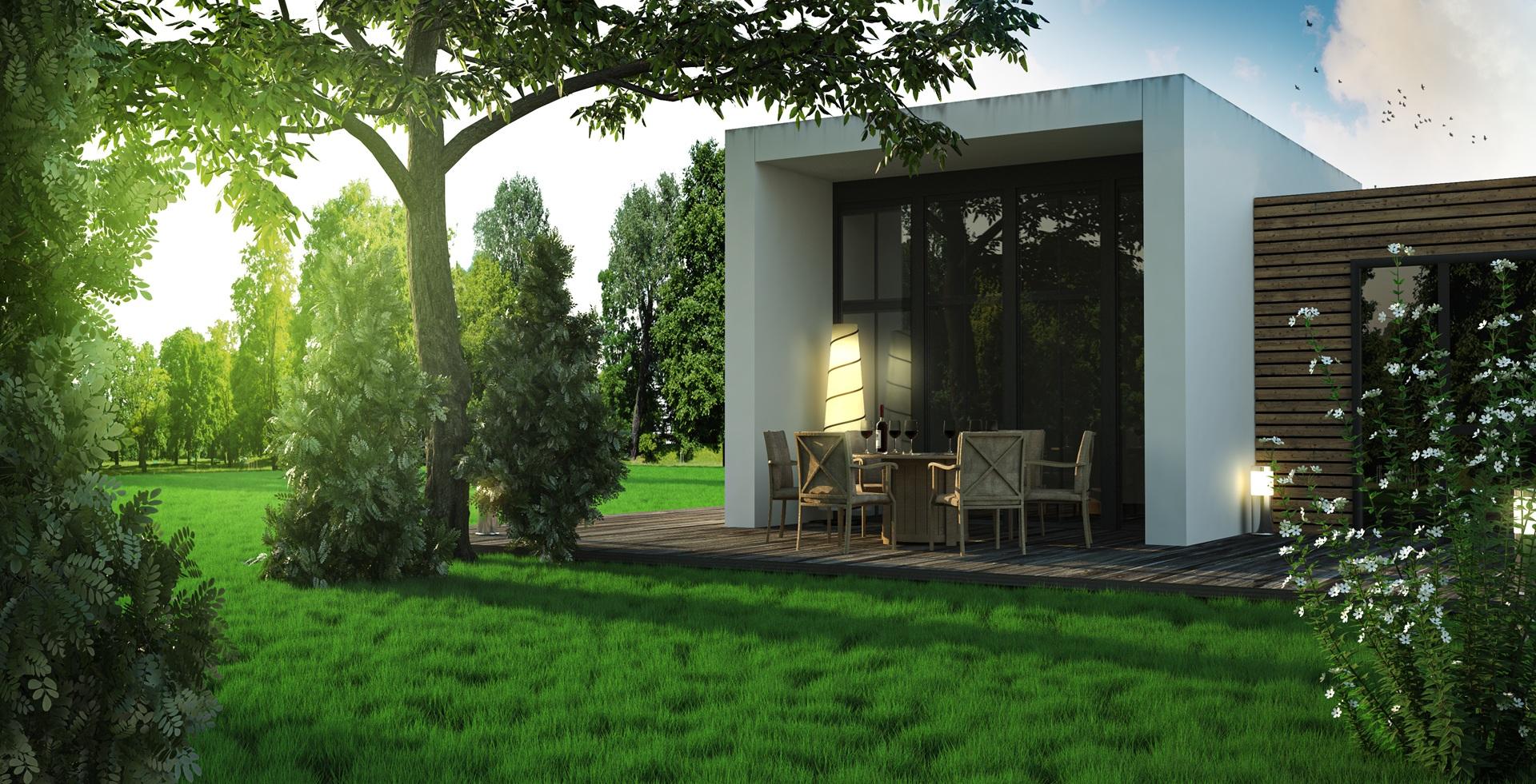 Moderne Terrasse mit Holzdeck und Esstisch im Sonnenschein | Mülltonnenbox